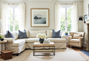 Bright living room interior with beige sofa armchair coffee table white walls and large windows home decor with minimalist furniture and decor