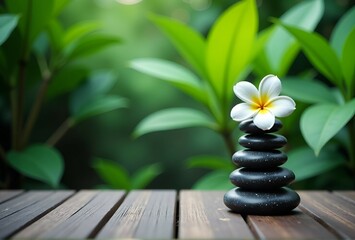 A flower is atop a stack of rocks on a wooden table