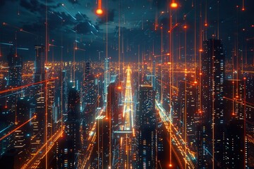 A cityscape at night with many lights, showcasing urban activity