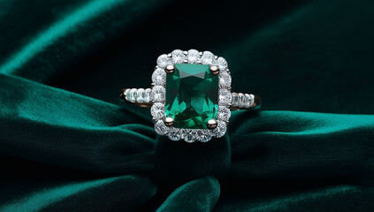 emerald ring with green velvet photography
