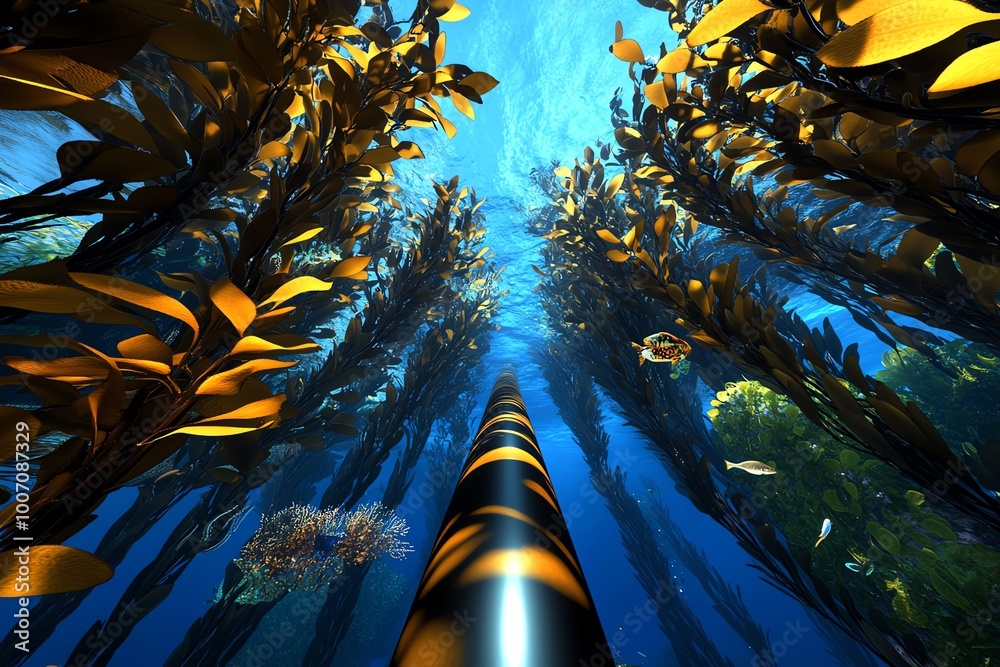 Poster interactive 3d digital model of a kelp forest, where users can explore the ocean floor, swimming thr