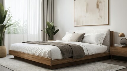 Sophisticated bedroom with modern design elements, including a minimalist bed frame and abstract art