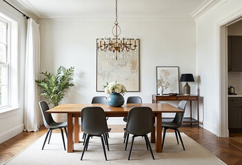 Bright airy dining room interior design neutral color palette wooden dining table gray chairs chandelier houseplant hardwood floor white walls real estate listing home decor staging interior design