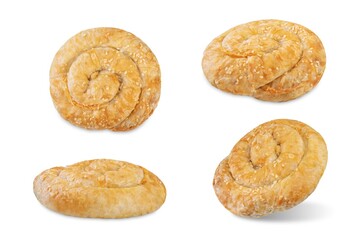 Spiral filo dough Greek pie with filling on a white isolated background