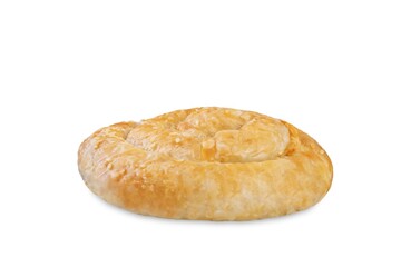 Spiral filo dough Greek pie with filling on a white isolated background