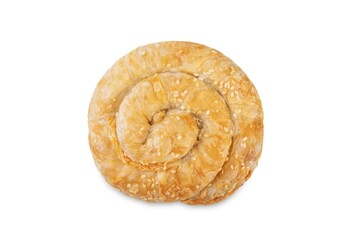Spiral filo dough Greek pie with filling on a white isolated background