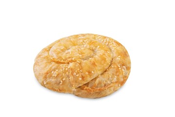 Spiral filo dough Greek pie with filling on a white isolated background