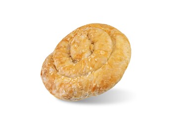 Spiral filo dough Greek pie with filling on a white isolated background