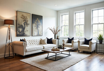 Modern living room interior with beige sofa and armchairs white walls wooden floor large windows and natural light home decor