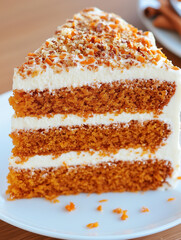 Delicious Slice of Carrot Cake with Cream Cheese Frosting. Close-up of a slice of carrot cake with rich cream cheese frosting. AI Generative