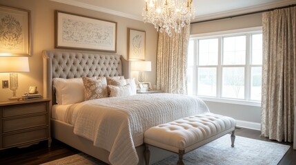 Sophisticated classic bedroom with a crystal chandelier, elegant bed linens, and vintage accents