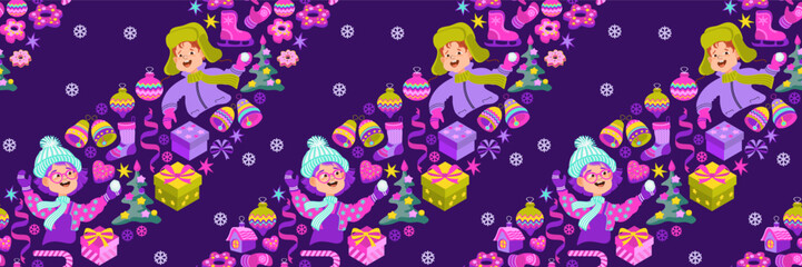 Christmas seamless pattern with festive decorations. Winter holidays New Year backdrop with cute children, skates, gifts, Christmas tree, toys. Endless hand-drawn vector illustration.