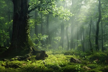 Obraz premium A serene forest scene featuring lush green grass and towering trees, ideal for environmental or outdoor-themed projects