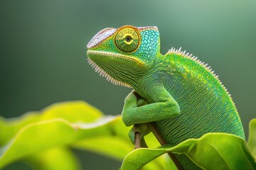 Obraz premium A green lizard is on a leaf, generative ai image