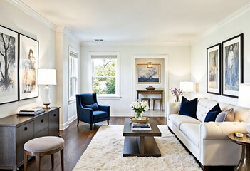 Elegant white living room interior design with blue armchair and white sofa furniture home decor