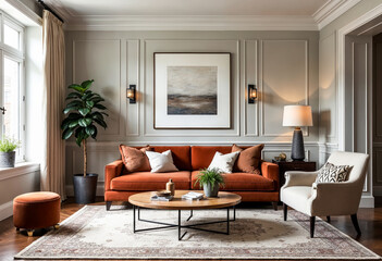 Elegant living room interior with orange velvet sofa coffee table and large artwork on wainscoting wall with decorative molding