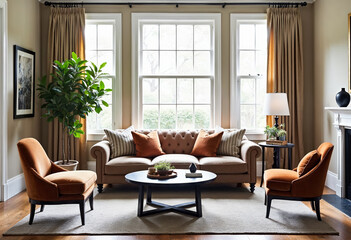 Obraz premium Elegant traditional living room interior with large windows natural light hardwood floors area rug tufted sofa and burnt orange velvet accent chairs