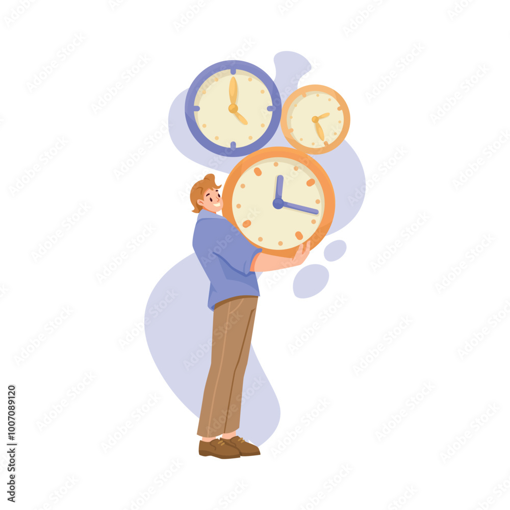 Poster man character carry pile of clock dial vector illustration