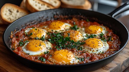 A skillet filled with a red sauce and six fried eggs garnished with parsley and pepper. Toasted bread slices are in the background.