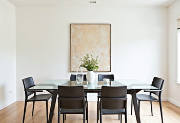 Modern dining room interior design with minimalist table chairs and abstract art