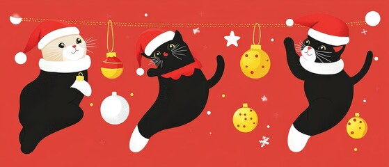 Obraz premium Three cats are hanging from a red line, each wearing a Santa hat