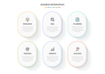 6 clean infographic design shaped elements template, symbolizing the six stages of business strategy and progression. Progress bar or timeline. Vector for presentation, web site or app.