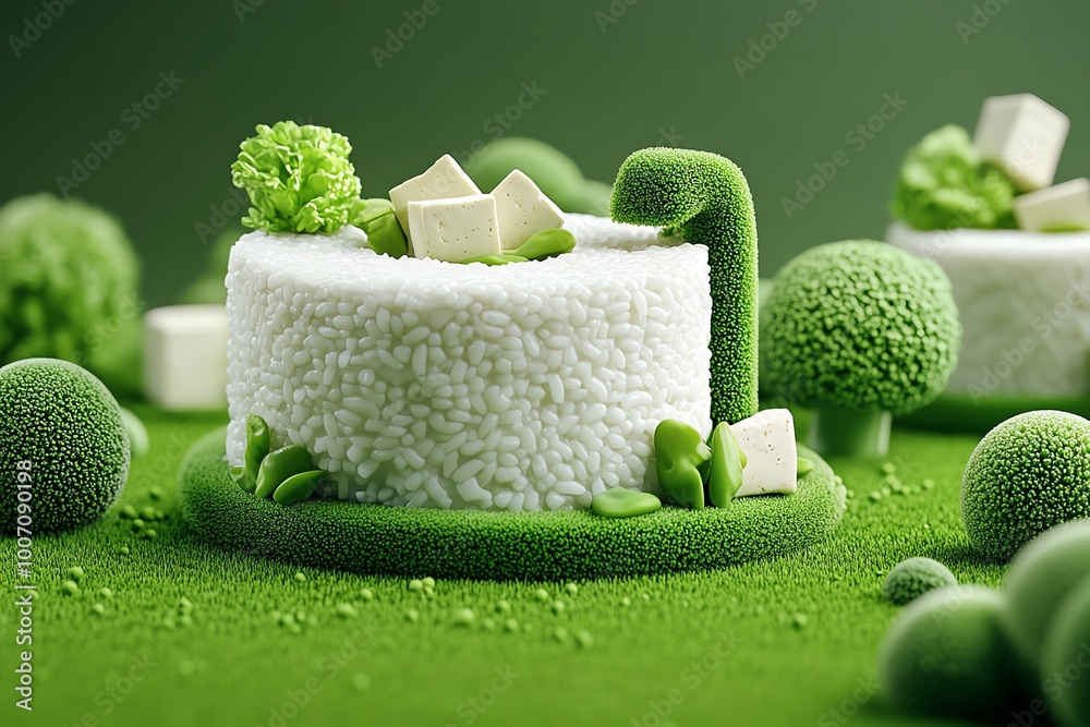Poster interactive 3d digital vegetarian meal, where users can create custom plates of tofu, vegetables, an