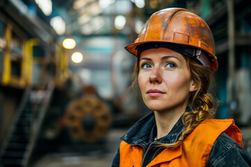 Industrial woman wearing a hard hat.