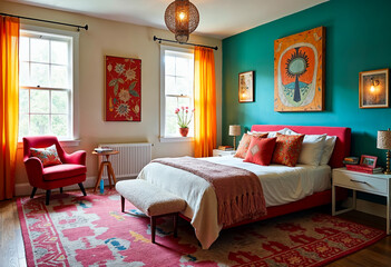 Fototapeta premium Bohemian Chic Bedroom Interior Design with Vibrant Colors and Eclectic Decor