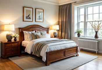 Luxury bedroom interior with wooden furniture hardwood floors and large windows with natural light