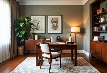 Modern home office interior design with wooden furniture artwork and decor
