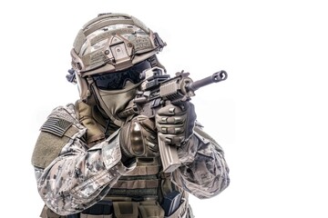 A military personnel holding a firearm, possibly preparing for combat or training