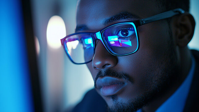 close up of male office worker wearing glasses, focused on his computer screen, showcasing deep concentration and engagement. blue light reflects in his glasses, enhancing tech savvy atmosphere