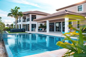 Obraz premium A residential property with an outdoor swimming pool and surrounding area