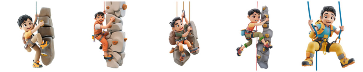  Asian man mascot rock climbing, 3D cartoon illustration, isolated on transparent  background, cute animated style, beautiful colors, generative ai