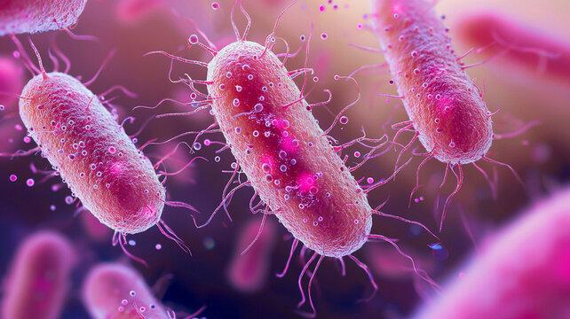 Close up of E. coli bacteria showcasing their long, slender shape and vibrant colors, illustrating intricate details of microbial life