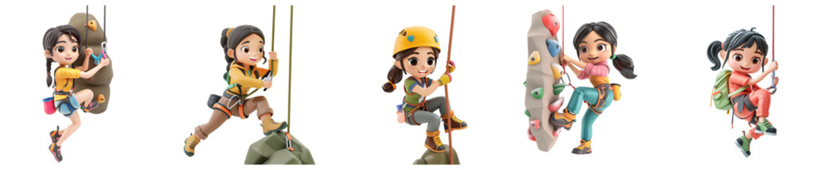 Asian woman mascot rock climbing, 3D cartoon illustration, isolated on transparent background, cute animated style, beautiful colors, generative ai