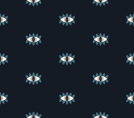 Cute mystic pattern abstract motif classic blue magic background seamless vector graphic. Eyes silhouette minimal geometric design fabric, textile, wallpaper. Easy to recolor all over print block.
