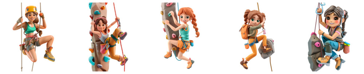  White woman mascot rock climbing, 3D cartoon illustration, isolated on transparent  background, cute animated style, beautiful colors, generative ai