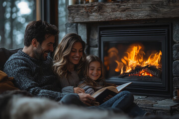 A family gathered around the living room fireplace, reading stories and sharing cozy moments on a chilly evening.