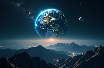 A stunning view of the earth from space showcasing mountains in the foreground