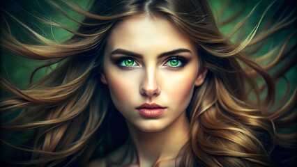 Naklejka premium A stunning portrait of a young woman with striking green eyes and flowing hair