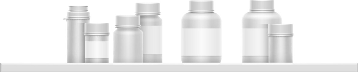 Drug bottles shelf. White plastic containers realistic mockup