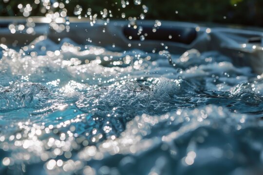 Backyard hot tub with bubbling water close up