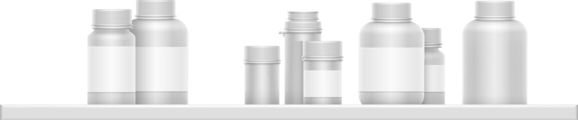 Pharmacy mockups. Blank realistic plastic drug bottles