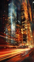 Obraz premium Photograph of an urban cityscape at night, with reflections on the glass surfaces of skyscrapers and long exposure lights creating streaks of motion