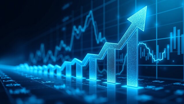 The picture of blue background with the arrow standing for stock index increase or business development in the financial world graph indicate upward trend
