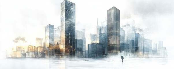 Modern skyscraper buildings with a white background showcasing urban architecture in a futuristic cityscape