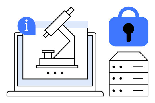 Digital microscope is displayed on a laptop screen accompanied by a locked padlock and a server stack. Ideal for technology, data security, scientific research, online information, digital analysis