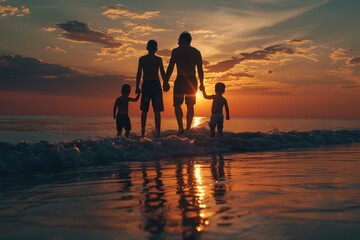 A family enjoying quality time together on a beautiful beach at sunset